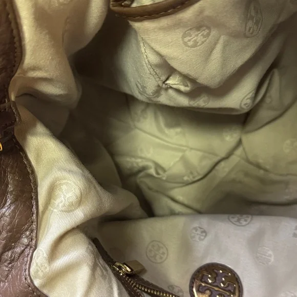 Tory Burch Brown Pebbled Leather Logo Tote Shoulder Bag